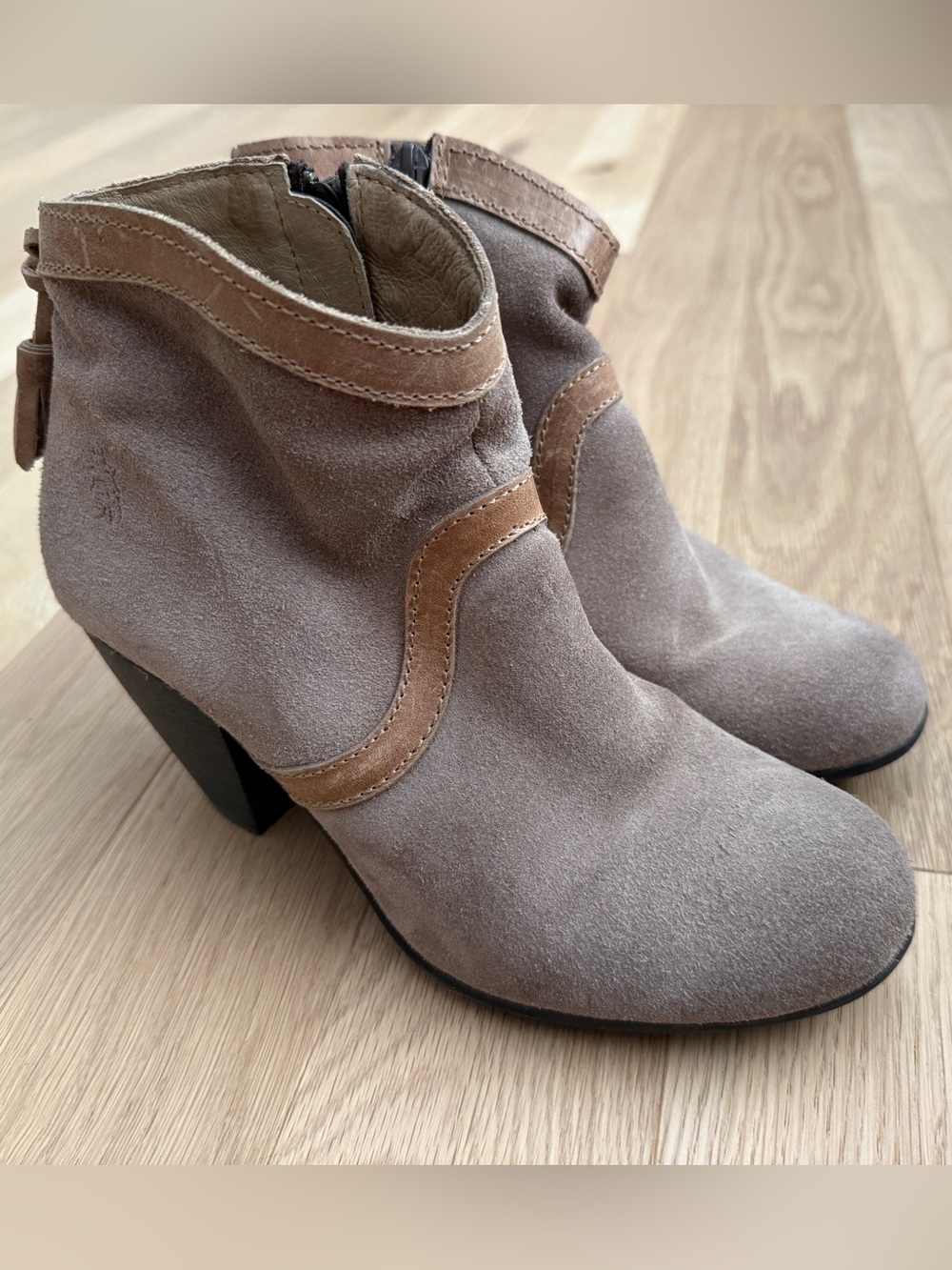 Fly London • Western Taupe Suede Ankle Boot with Heal